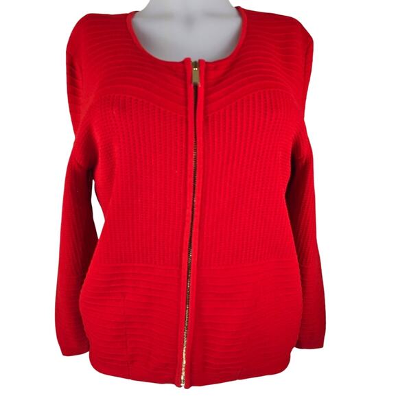 Cache Red Raised Striped Perferated Heavy Knit Full Zip Sweater Women's L - Picture 1 of 4